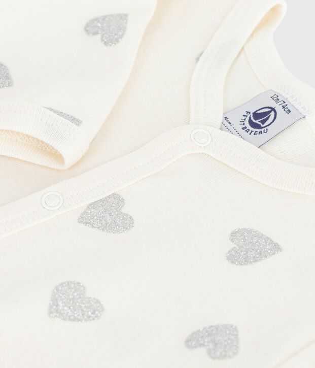 Pyjama b&eacute;b&eacute; en coton imprim&eacute; c&oelig;urs paillettes argent&eacute;s &eacute;cru/gris