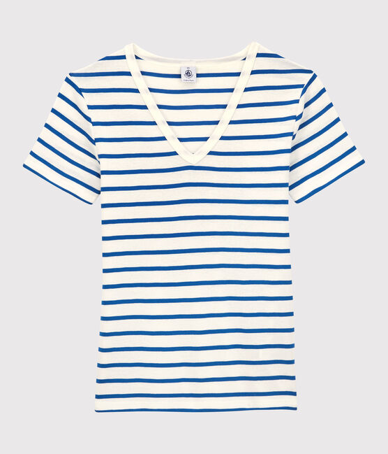 Tee-shirt L'ICONIQUE col V en coton bio Femme blanc MARSHMALLOW/bleu DELFT