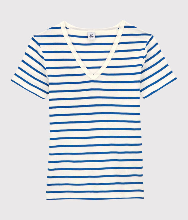 Tee-shirt L'ICONIQUE col V en coton bio Femme blanc/bleu