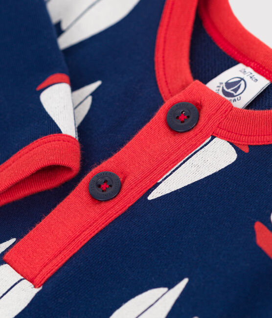 Combinaison bébé en coton manches longues, imprimée bateaux bleu MEDIEVAL/blanc MULTICO