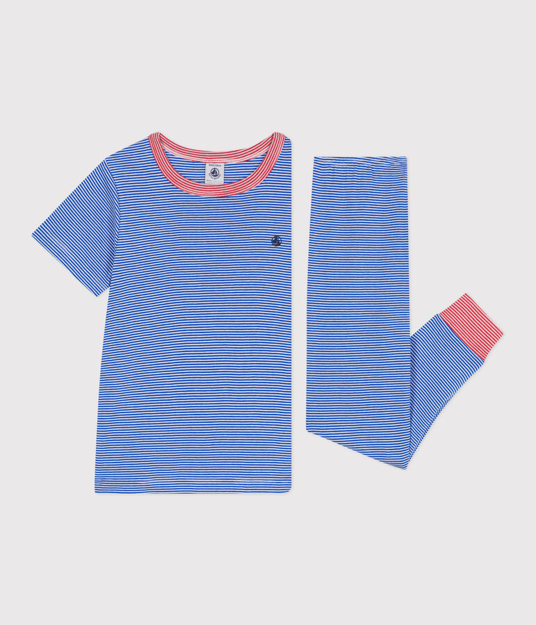Pyjama enfant en coton &agrave; rayures bleu/blanc