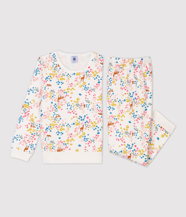 Pyjama imprim&eacute; fleuri petite fille en molleton blanc/multicouleur
