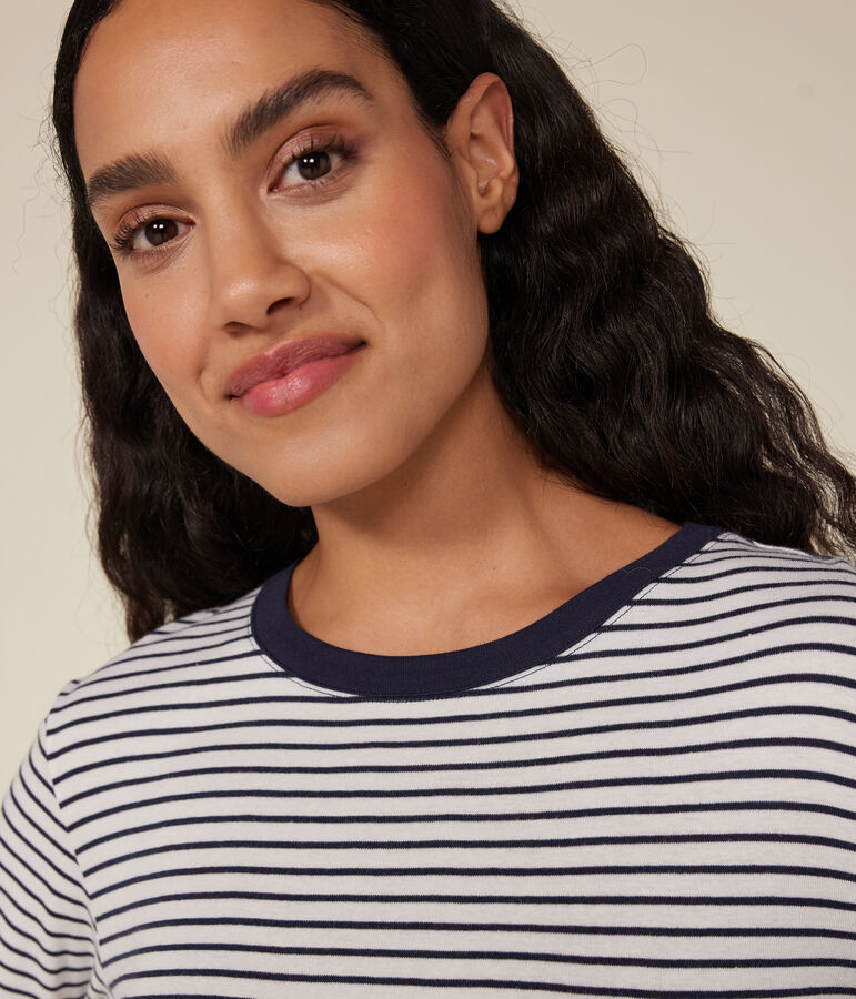 Tee-shirt l'Iconique manches longues en coton ray&eacute; femme blanc MARSHMALLOW/bleu SMOKING