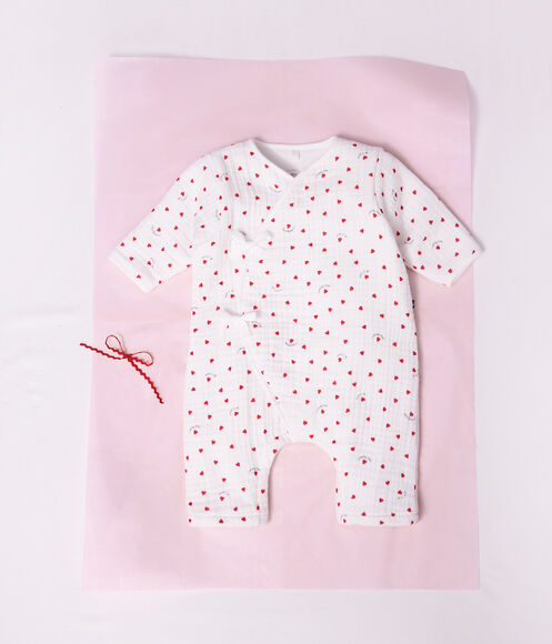 COMBINAISON LONGUE BÉBÉ EN GAZE DE COTON IMPRIMÉ PETIT CŒURS
