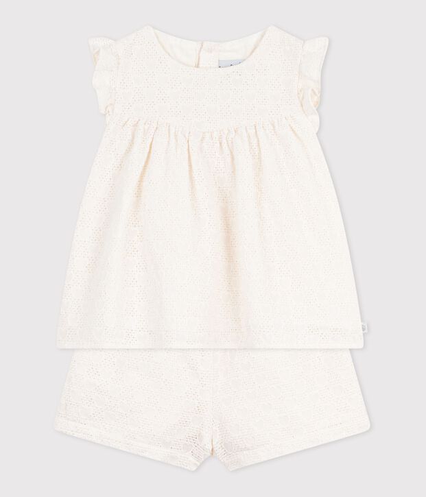 Ensemble b&eacute;b&eacute; 2 pi&egrave;ces en broderie anglaise, motif c&oelig;urs blanc