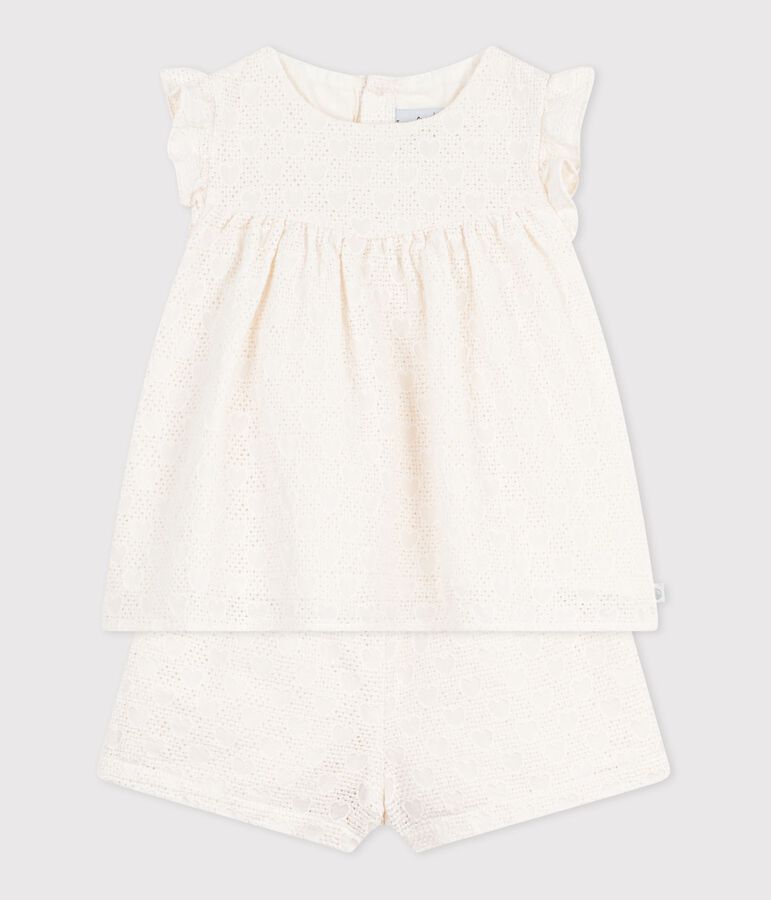 Ensemble b&eacute;b&eacute; 2 pi&egrave;ces en broderie anglaise, motif c&oelig;urs blanc