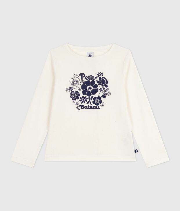 Tee-shirt enfant manches longues en coton imprim&eacute; blanc cass&eacute;