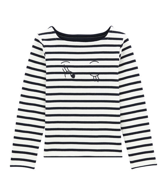 Marinière enfant fille en jersey blanc MARSHMALLOW/bleu SMOKING