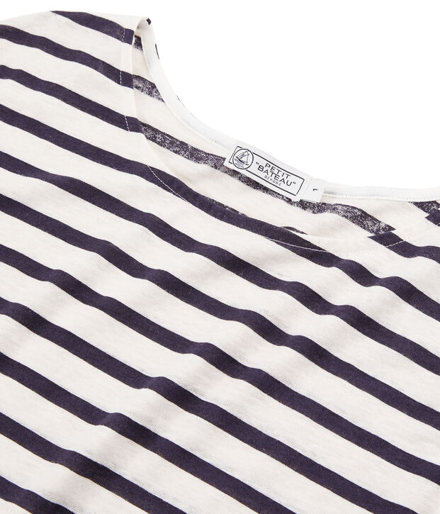 Tee shirt lin femme blanc/bleu