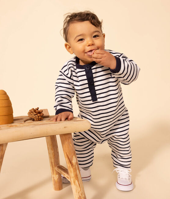 Combinaison longue rayée marinière en jersey épais bébé blanc MARSHMALLOW/bleu SMOKING
