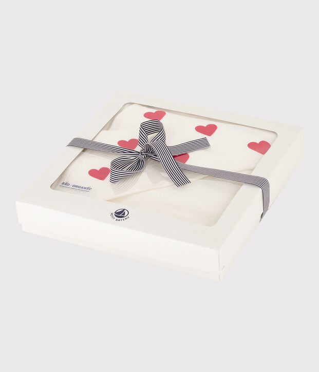 Carr&eacute; de bain c&oelig;urs en coton blanc/rouge