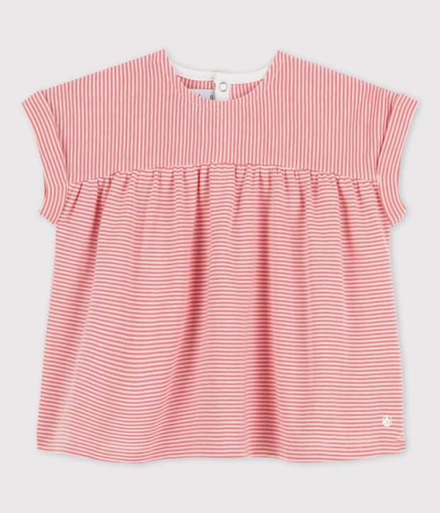 Blouse manches courtes en coton bio b&eacute;b&eacute; rose/blanc