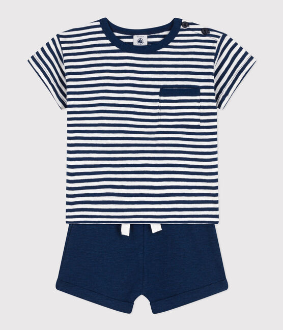Ensemble bébé en jersey flammé et coton bleu MEDIEVAL/blanc MARSHMALLOW