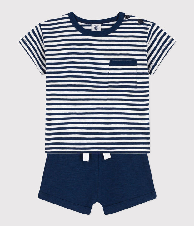 Ensemble b&eacute;b&eacute; en jersey flamm&eacute; et coton bleu/blanc