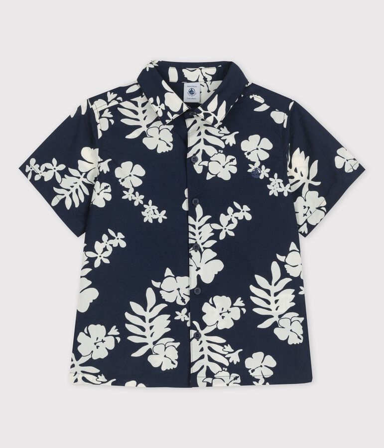 Chemise manches courtes en popeline enfant gar&ccedil;on bleu MEDIEVAL/blanc MARSHMALLOW