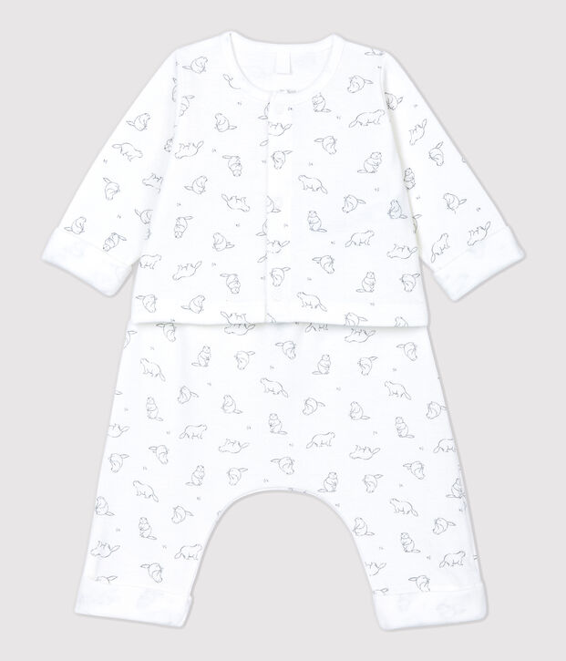 Ensemble 2 pi&egrave;ces imprim&eacute; marmottes b&eacute;b&eacute; en coton biologique blanc/gris