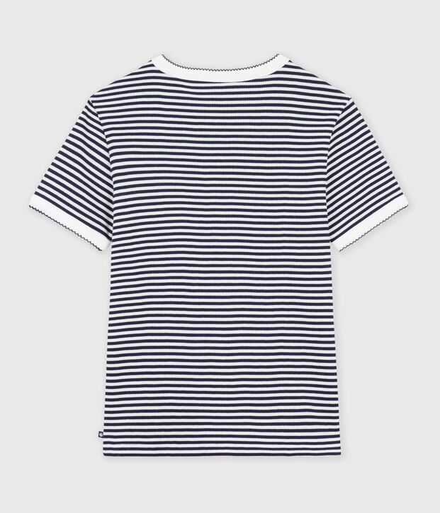 Tee-shirt femme en coton manches courtes &agrave; rayures bleu/blanc