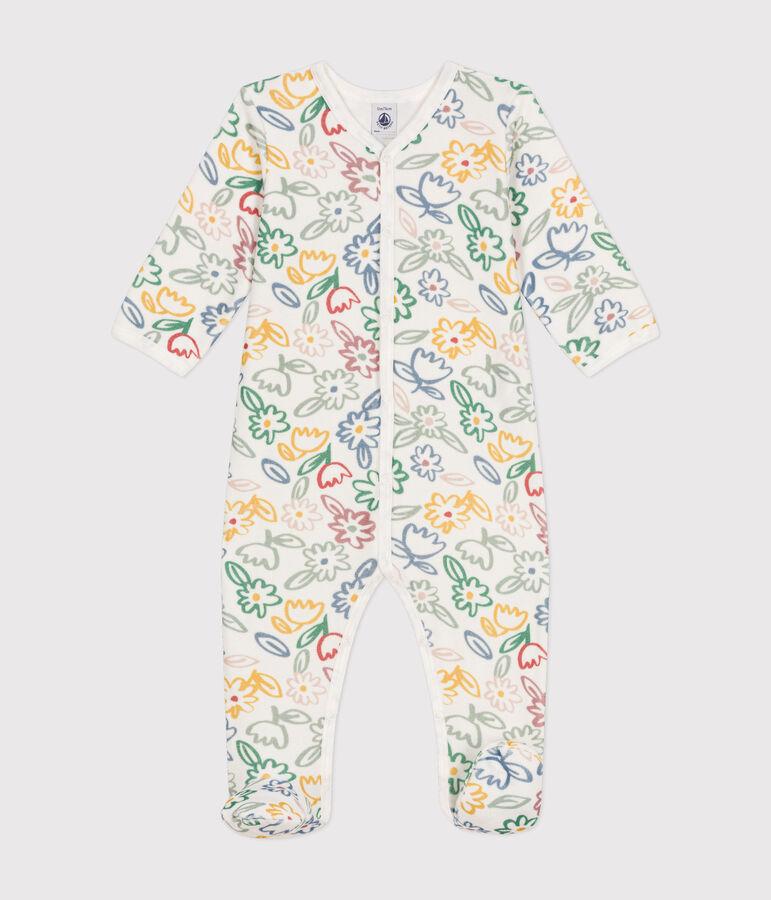 Pyjama en velours imprim&eacute; fleurs b&eacute;b&eacute; blanc MARSHMALLOW/blanc MULTICO