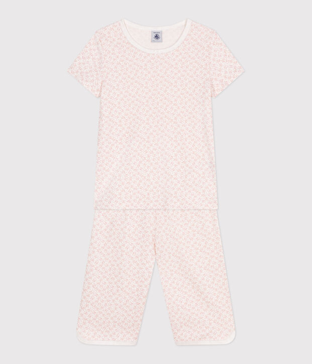 Pyjama capri enfant en coton imprim&eacute; fleuri blanc/rose