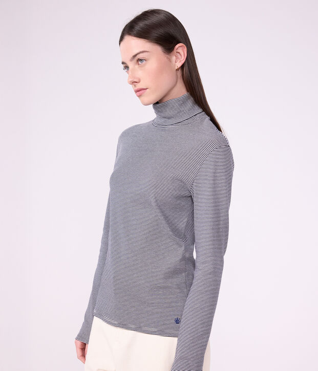Tee-shirt col roul&eacute; L'ICONIQUE en coton Femme bleu/blanc
