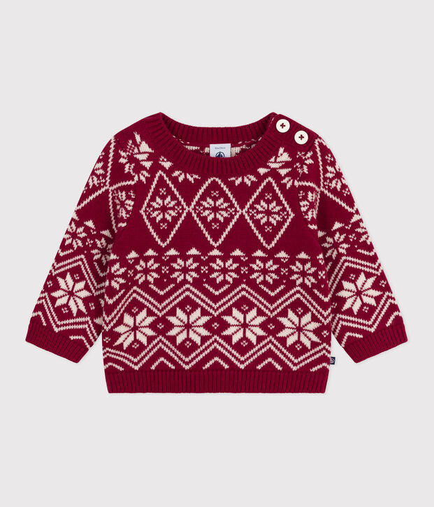 Pull b&eacute;b&eacute; en laine et coton &agrave; motifs rouge/&eacute;cru
