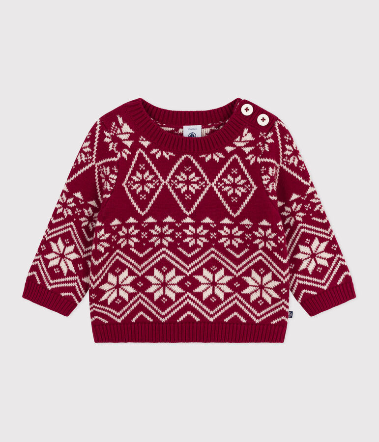 Pull b&eacute;b&eacute; en laine et coton &agrave; motifs rouge/&eacute;cru