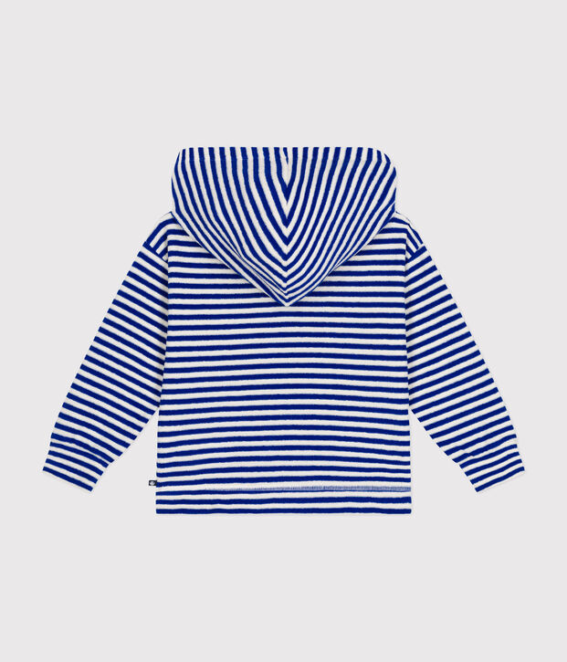 Sweatshirt ray&eacute; &agrave; capuche en bouclette &eacute;ponge enfant bleu/&eacute;cru