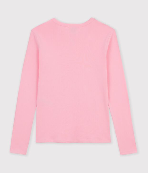 Tee-shirt femme en coton manches longue uni rose clair