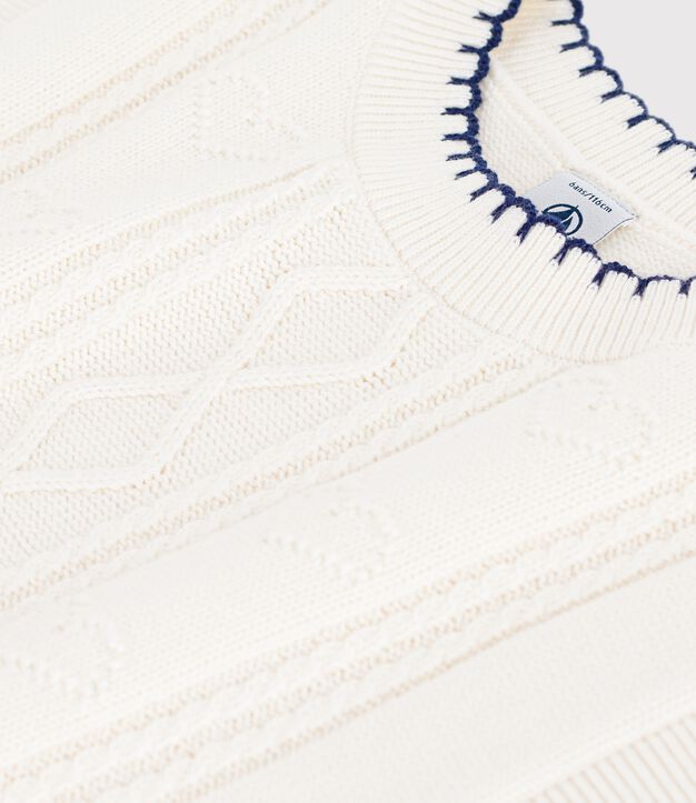 Pull &agrave; torsades enfant en laine et coton sans manche blanc
