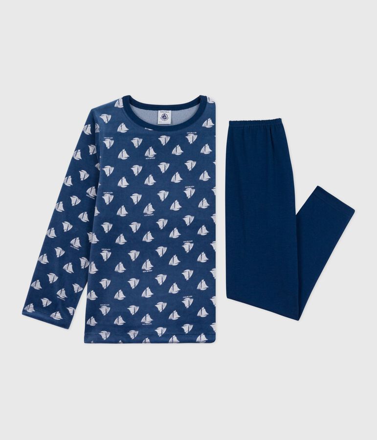 Pyjama  en coton manches longues en velours bleu/blanc