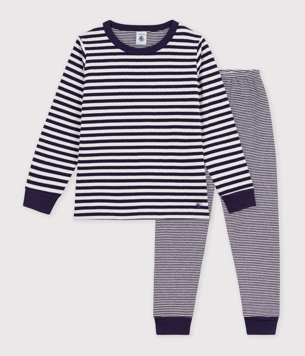 Pyjama enfant en tubique &agrave; rayures bleu/&eacute;cru