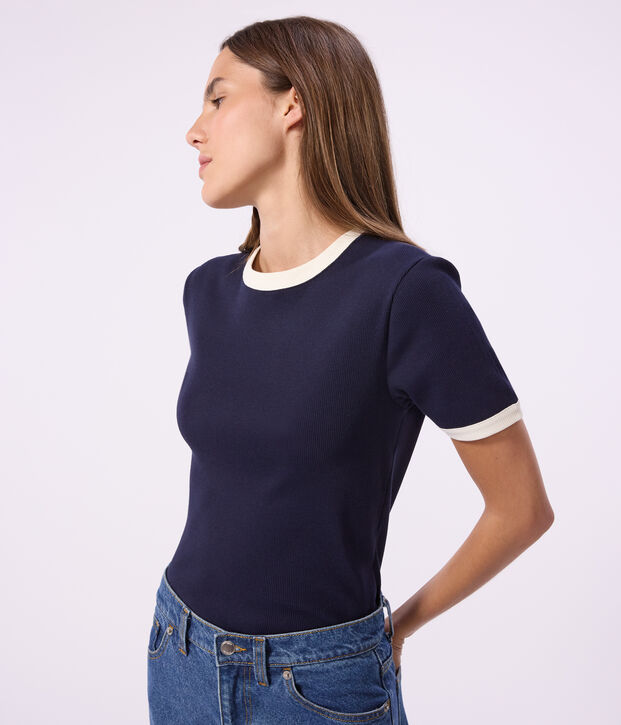Tee-shirt femme en coton manches courtes uni bleu marine