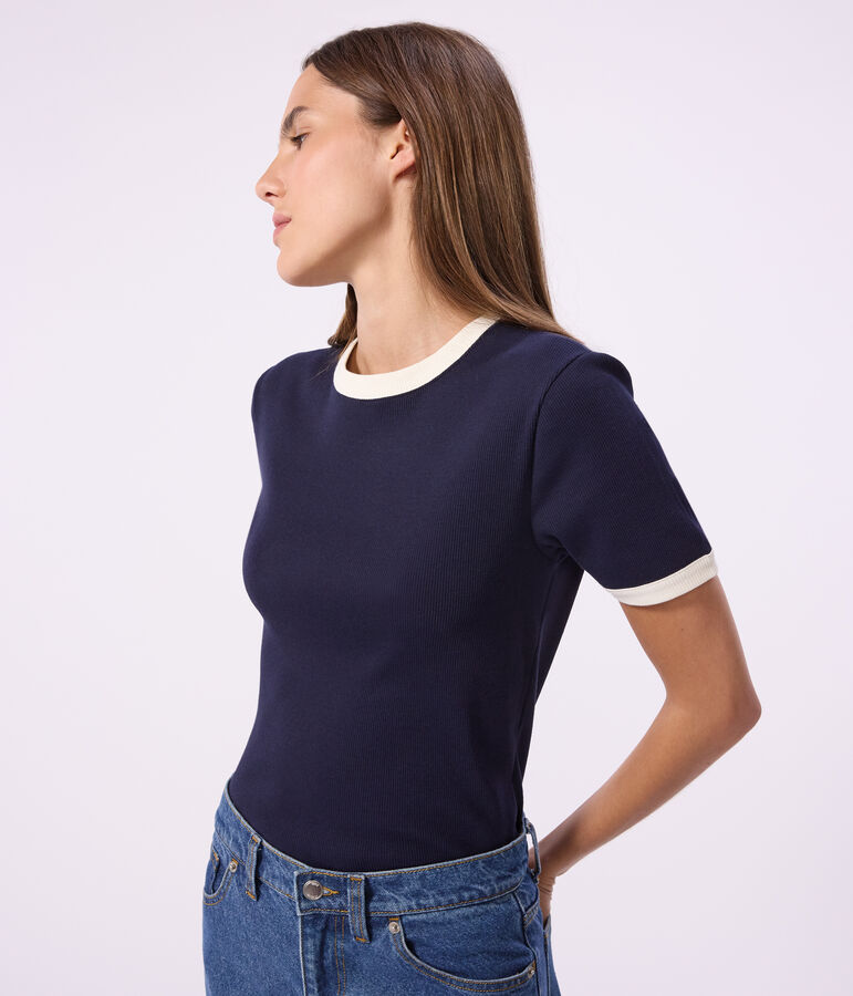 Tee-shirt femme en coton manches courtes uni bleu