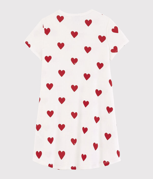 Chemise de nuit c&oelig;ur petite fille en coton blanc/rouge