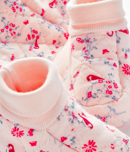 Lot bonnet naissance et chaussons bébé en tubique rose FLEUR/blanc MULTICO