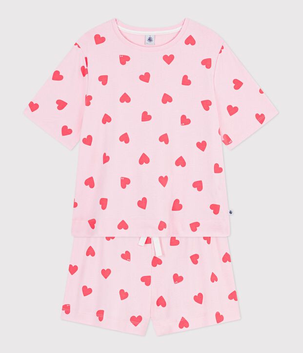Pyjama short femme en coton imprim&eacute; c&oelig;ur rose/orange