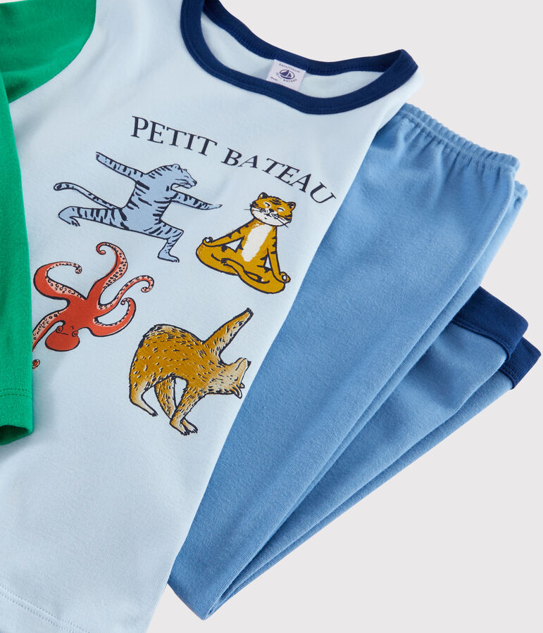 Pyjama animaux yoga petit gar&ccedil;on en c&ocirc;te bleu ALASKA/blanc MULTICO