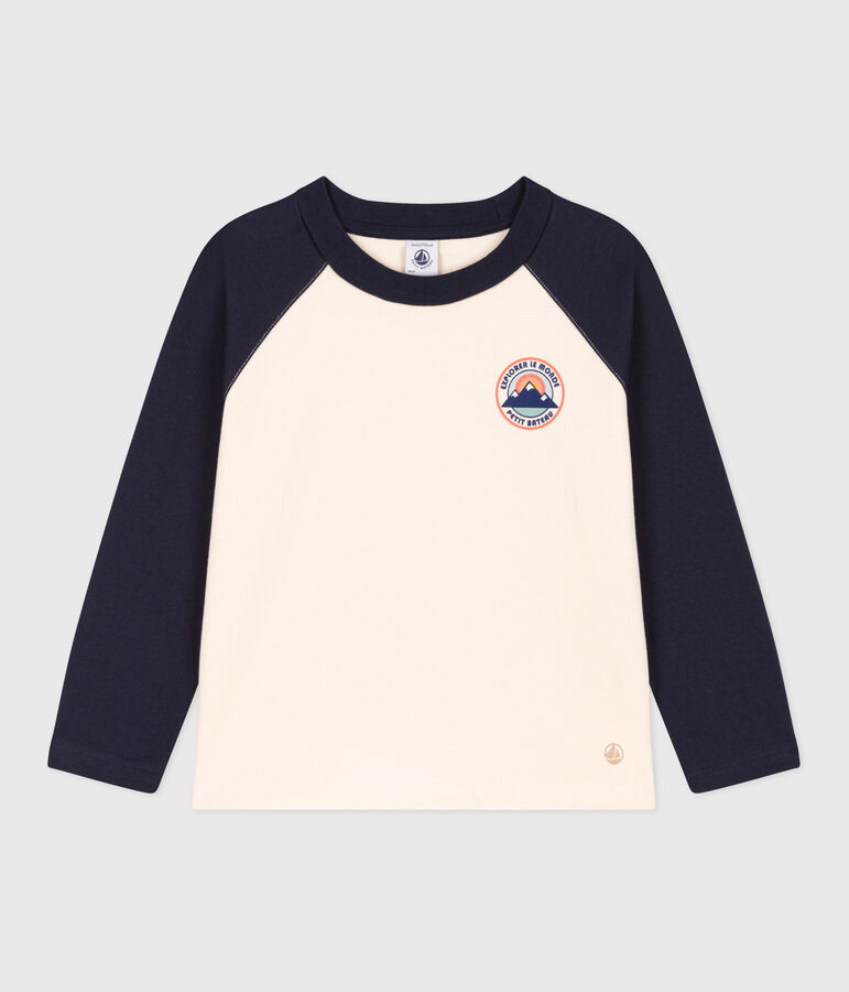 Tee-shirt manches longues en coton enfant gar&ccedil;on blanc AVALANCHE/bleu SMOKING