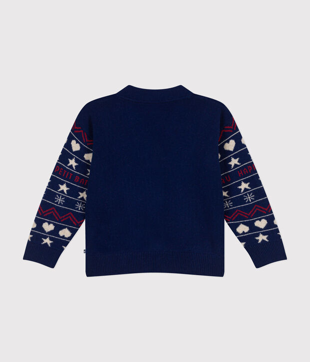 Cardigan jacquard laine et coton enfant gar&ccedil;on bleu/multicouleur