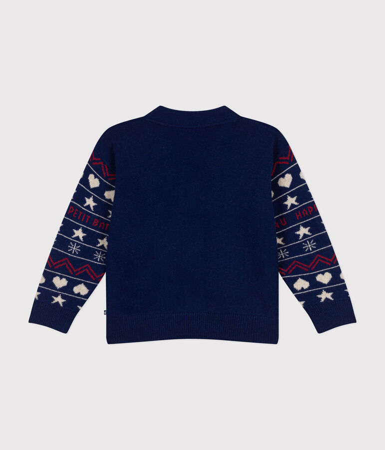 Cardigan jacquard laine et coton enfant gar&ccedil;on bleu MEDIEVAL/blanc MULTICO