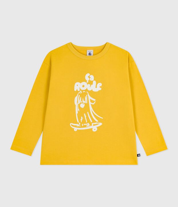 Tee-shirt enfant manches longues en coton imprim&eacute; jaune