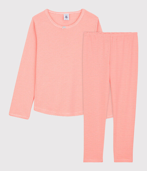 Pyjama à rayures milleraies petite fille en coton rose PEACHY/blanc MARSHMALLOW