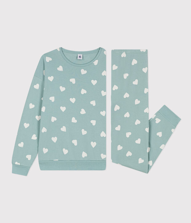 Pyjama c&oelig;ur femme en coton vert/&eacute;cru