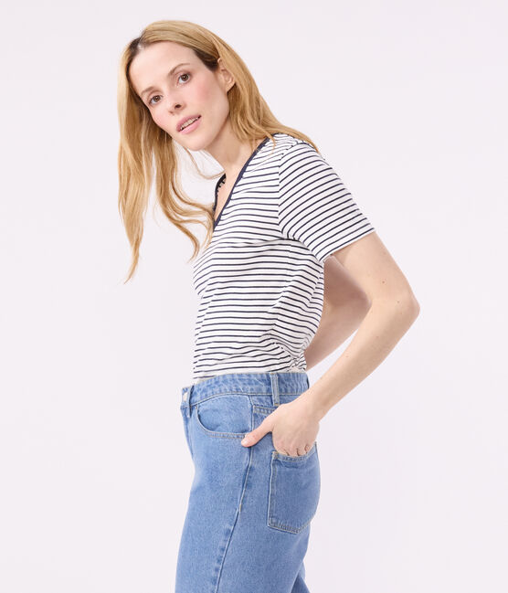 Tee-shirt l'Iconique col V en coton rayé femme blanc MARSHMALLOW/bleu SMOKING