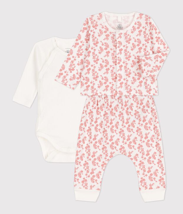 Ensemble 3 pi&egrave;ces b&eacute;b&eacute; imprim&eacute; Hawa&iuml; en coton bio blanc/rose