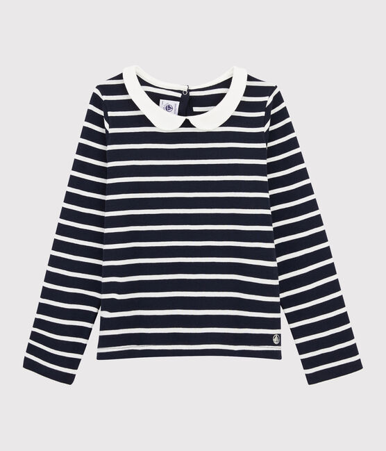Tee-shirt col claudine enfant fille bleu SMOKING/blanc MARSHMALLOW