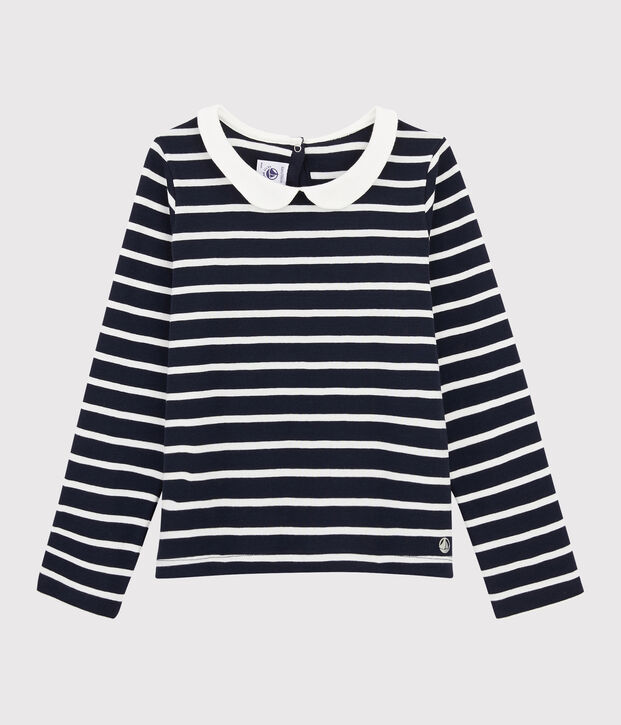 Tee-shirt col claudine enfant fille bleu/blanc