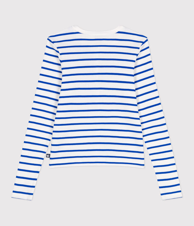 Cardigan femme en coton uni blanc/bleu