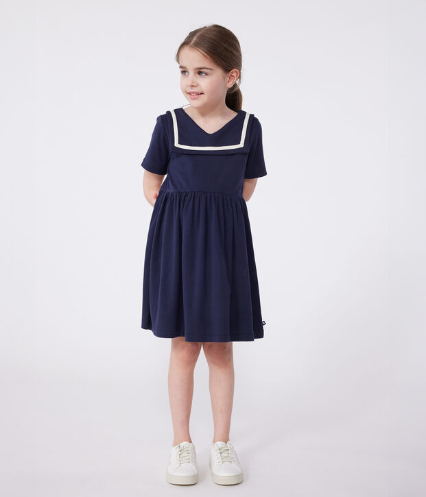 Robe enfant en coton manches courtes unie bleu
