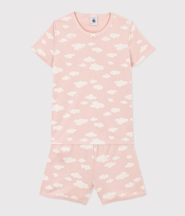 Pyjacourt nuages petite fille en coton rose/blanc